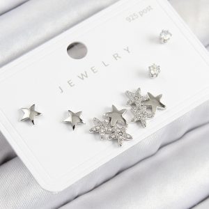 Pirinç Zirkon Taşlı Yıldız Model Gümüş Renk 925 Ayar Gümüş Çivi Kadın Küpe Set