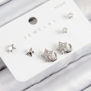 Pirinç Zirkon Taşlı Yıldız Model Gümüş Renk 925 Ayar Gümüş Çivi Kadın Küpe Set