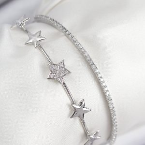 Pirinç Zirkon Taşlı Yıldız Model Gümüş Renk Kadın Bileklik