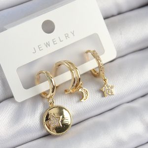 Pirinç Zirkon Taşlı Yıldız Ve Ay Model Gold Renk 3'lü Çift Kadın Küpe Set