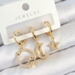 Pirinç Zirkon Taşlı Yıldız Ve Ay Model Gold Renk 3'lü Kadın Küpe Set