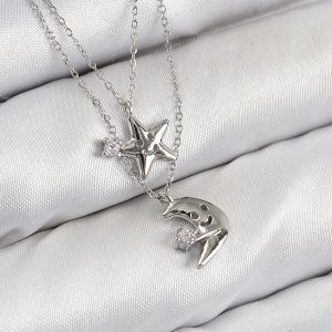 Pirinç Zirkon Taşlı Yıldız Ve Ay Model Gümüş Renk Kadın Kolye