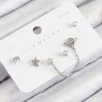 Pirinç Zirkon Taşlı Yıldız Ve Gezegen Model Gümüş Renk 925 Ayar Gümüş Çivi Kadın Küpe Set