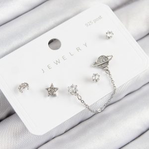 Pirinç Zirkon Taşlı Yıldız Ve Gezegen Model Gümüş Renk 925 Ayar Gümüş Çivi Kadın Küpe Set