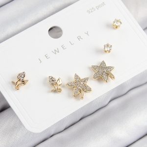 Pirinç Zirkon Taşlı Yıldız Ve Gül Model Gold Renk 925 Ayar Gümüş Çivi Kadın Küpe Set