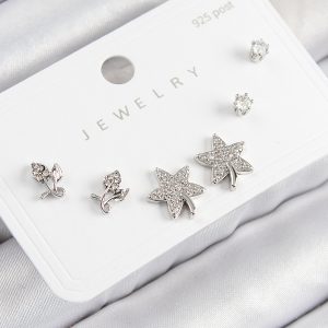 Pirinç Zirkon Taşlı Yıldız Ve Gül Model Gümüş Renk 925 Ayar Gümüş Çivi Kadın Küpe Set