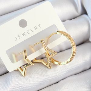 Pirinç Zirkon Taşlı Yıldız Ve Halka Model Gold Renk 3'lü Çift Kadın Küpe Set