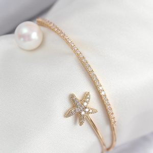 Pirinç Zirkon Taşlı Yıldız Ve İnci Model Gold Renk Kadın Bileklik