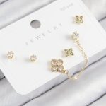 Pirinç Zirkon Taşlı Yonca Model Gold Renk 925 Ayar Gümüş Çivi Kadın Küpe Set