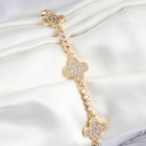 Pirinç Zirkon Taşlı Yonca Model Gold Renk Kadın Bileklik