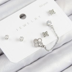 Pirinç Zirkon Taşlı Yonca Model Gümüş Renk 925 Ayar Gümüş Çivi Kadın Küpe Set