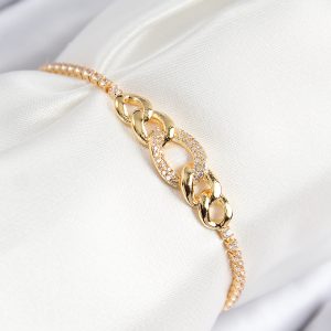 Pirinç Zirkon Taşlı Zincir Model Gold Renk Asansörlü Kadın Bileklik