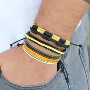 Sarı Renk Zımbalı Deri Erkek Bileklik Kombini