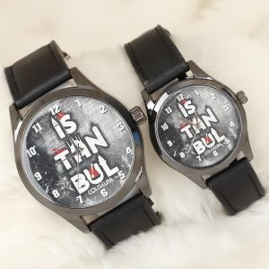 Siyah Renk Deri Kordonlu İstanbul Tasarımlı Sevgili Saatleri