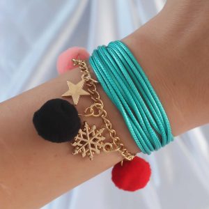 Turkuaz Renk Kar Tanesi Figür Zincir Detay İpli Çoklu Bileklik