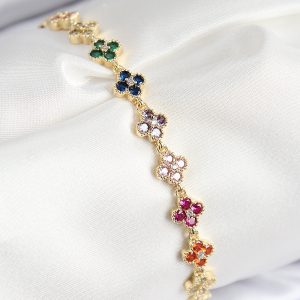 VIP Pirinç Renkli Zirkon Taşlı Yonca Model Gold Renk Kadın Bileklik