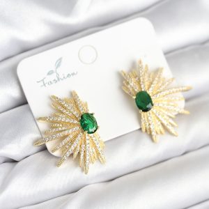 Yeşil Taş Detaylı Zirkon Taşlı Gold Renk Pirinç Kadın Küpe