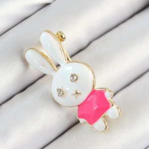 Zirkon Taş Detaylı Beyaz Ve Pembe 3D Tavşan Figürlü Kadın Broş