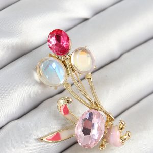 Zirkon Taşlı Balonlu Pembe Tavşan Figürlü Gold Renk Kadın Broş