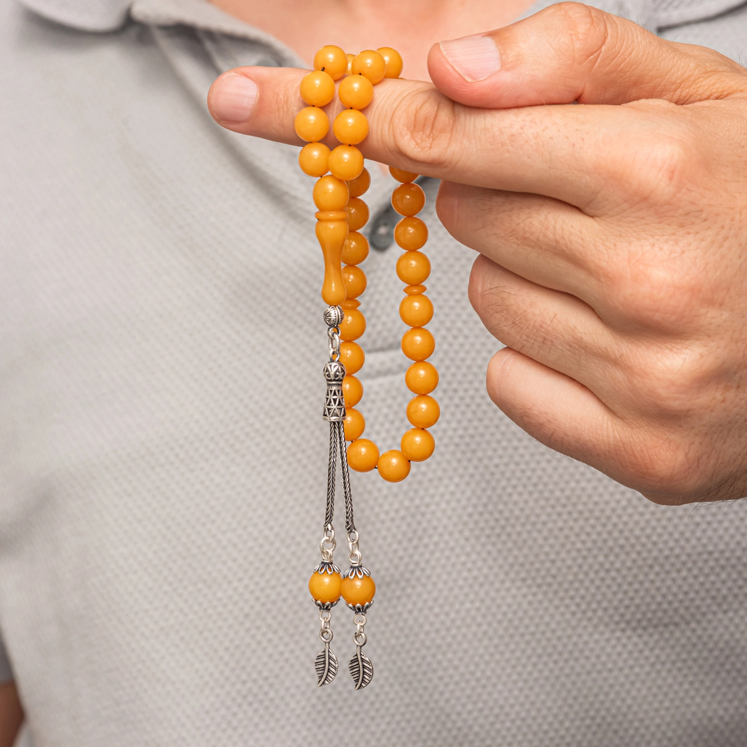 Gümüş Püsküllü Sarı Yuvarlak Sıkma Kehribar Tesbih