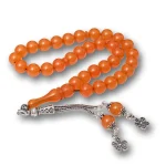 Gümüş Püsküllü Turuncu Yuvarlak Sıkma Kehribar Tesbih