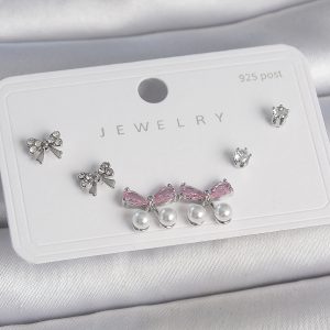 Pirinç Gümüş Renk Pembe Zirkon Taşlı Kurdele Model İnci Detay 925 Ayar Gümüş Çivi Kadın Küpe Seti