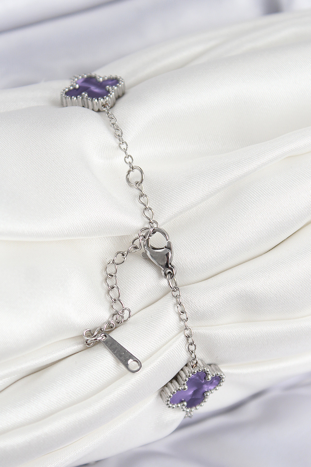 316L Çelik Sedefli Mor Gümüş Renk Yonca Kadın Bileklik