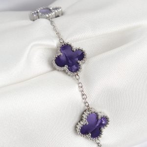 316L Çelik Sedefli Mor Gümüş Renk Yonca Kadın Bileklik