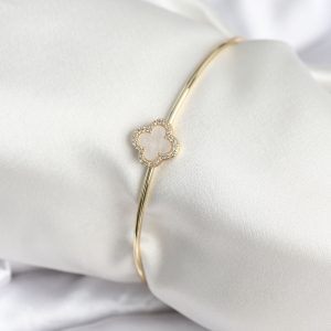 Beyaz Sedefli Yonca Model Gold Renk Kadın Bileklik