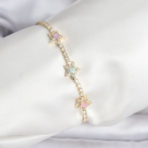 Renkli Yıldız Model Zirkon Taşlı Gold Renk Pirinç Su Yolu Kadın Bileklik