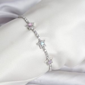 Renkli Yıldız Model Zirkon Taşlı Gümüş Renk Pirinç Su Yolu Kadın Bileklik