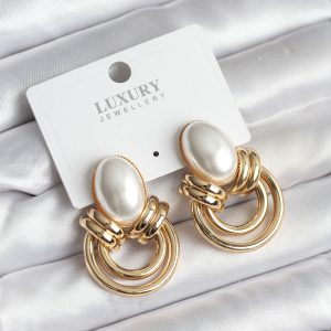 Pirinç Gold Renk İncili Vintage Kadın Küpe