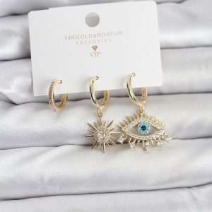 Göz Model Gold Renk Pirinç 3'lü Kadın Küpe Seti