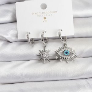 Göz Model Gümüş Renk Pirinç 3'lü Kadın Küpe Seti