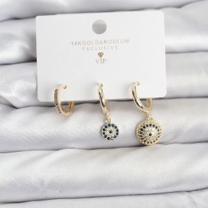 Nazar Model Gold Renk Pirinç 3'lü Kadın Küpe Seti