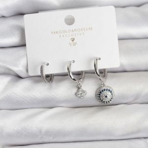 Nazar Model Gümüş Renk Pirinç 3'lü Kadın Küpe Seti