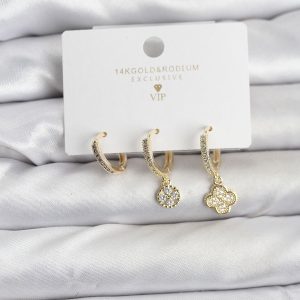 Pirinç Gold Renk Yonca Model 3'lü Kadın Küpe Seti