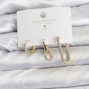 Gold Renk Zirkon Taşlı 3'lü Kadın Küpe Seti