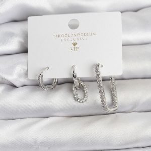 Gümüş Renk Zirkon Taşlı 3'lü Kadın Küpe Seti