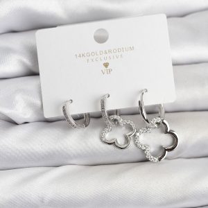 Yonca Model Gümüş Renk Pirinç 3'lü Kadın Küpe Seti