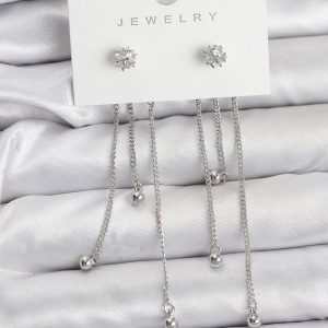 Topçuk Model Gümüş Renk Pirinç Sallantılı Kadın Küpe Seti