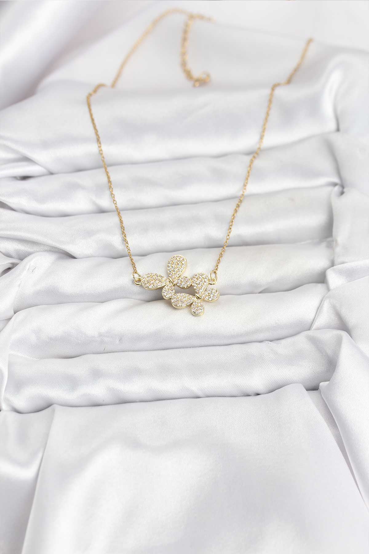 316L Çelik Zincir Gold Renk Zirkon Taşlı Kelebek Model Kadın Kolye