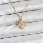 316L Çelik Zincir Gold Renk Zirkon Taşlı Yonca Model Kadın Kolye