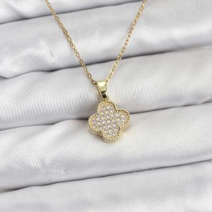 316L Çelik Zincir Gold Renk Zirkon Taşlı Yonca Model Kadın Kolye