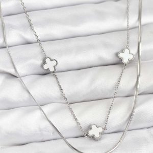 316L Çelik Zincir Gümüş Renk İtalyan Zincirli Yonca Model Kadın Kolye