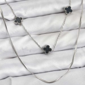 316L Çelik Zincir Gümüş Renk İtalyan Zincirli Siyah Yonca Model Kadın Kolye
