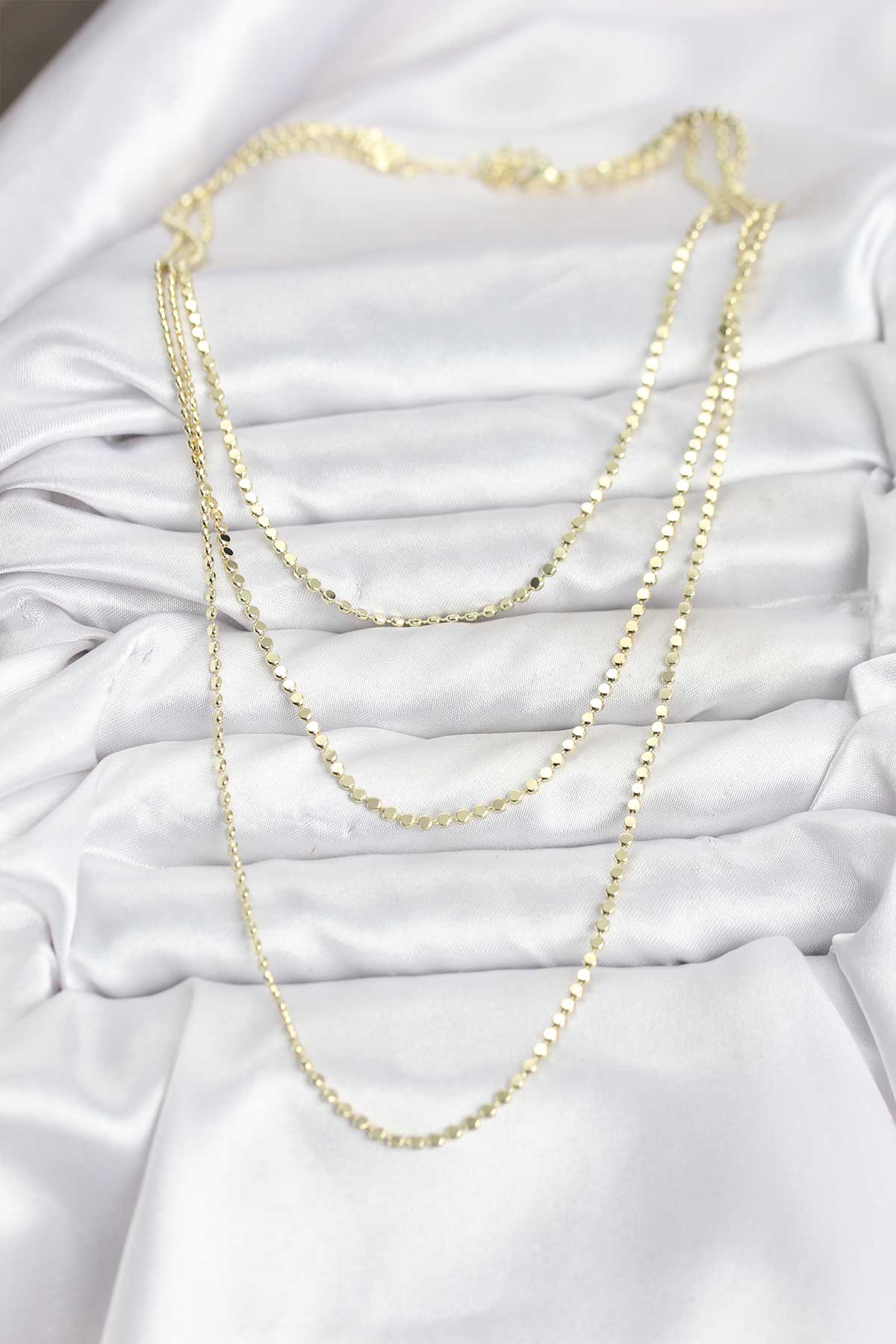 316L Çelik Zincir Gold Renk Ezme Zincir Model 3'lü Kadın Kolye