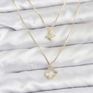 Pirinç Gold Renk Yonca Model 2'li Kadın Kolye