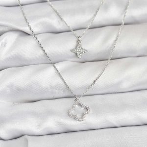 Pirinç Gümüş Renk Yonca Model 2'li Kadın Kolye
