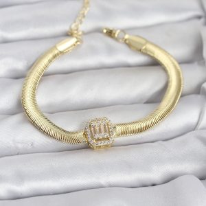 316L Çelik Gold Renk Baget Zirkon Taşlı Yılan Zincirli Kadın Bileklik